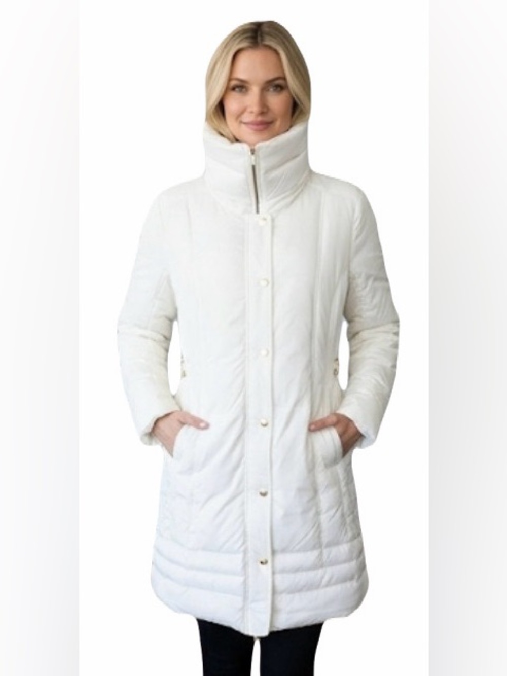 Guess Women's Quilted High-Collar Puffer Down Feather Midi Jacket Ivory